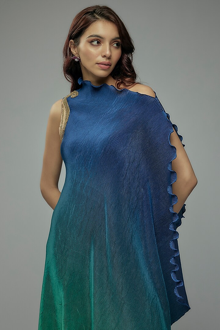 Blue & Green Ombre Pleated Polyester Boota Embroidered Tunic by Kiran Uttam Ghosh at Pernia's Pop Up Shop