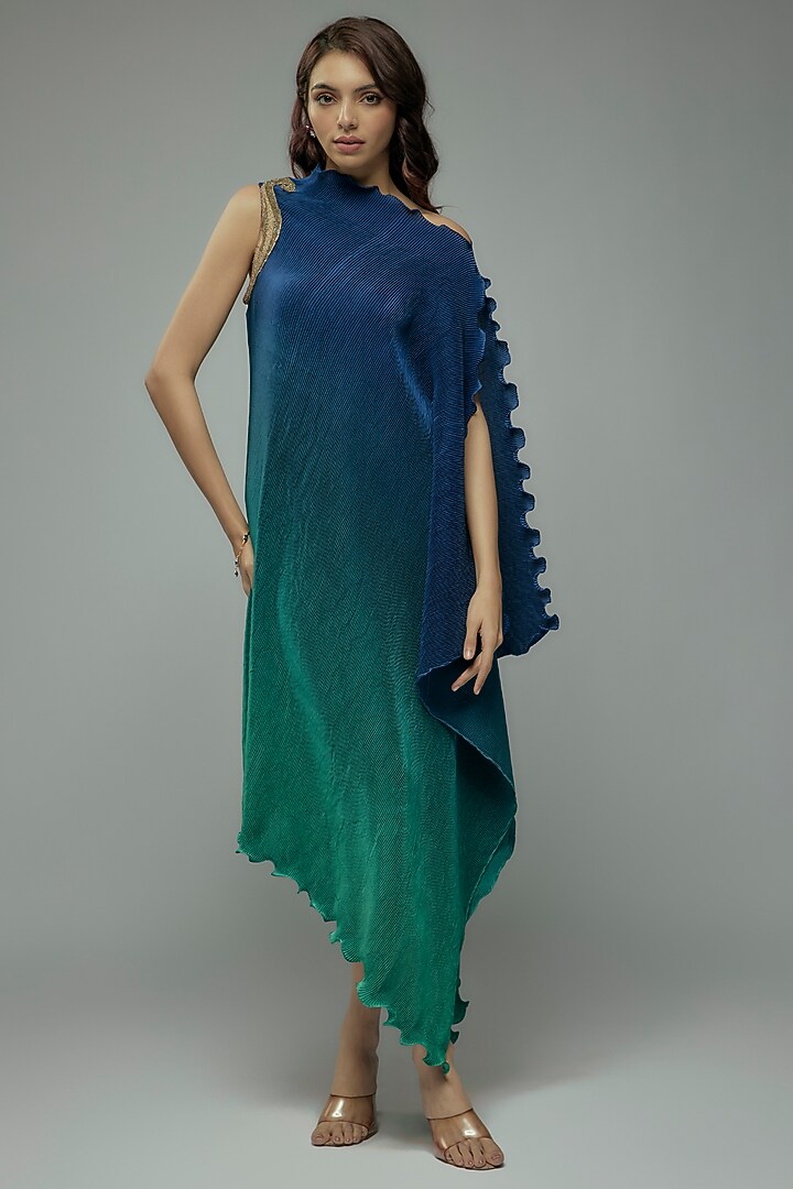 Blue & Green Ombre Pleated Polyester Boota Embroidered Tunic by Kiran Uttam Ghosh at Pernia's Pop Up Shop