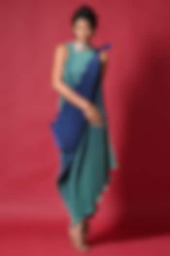 Blue & Green Ombre Pleated Polyester Machine Embroidered Dress With Drape by Kiran Uttam Ghosh
