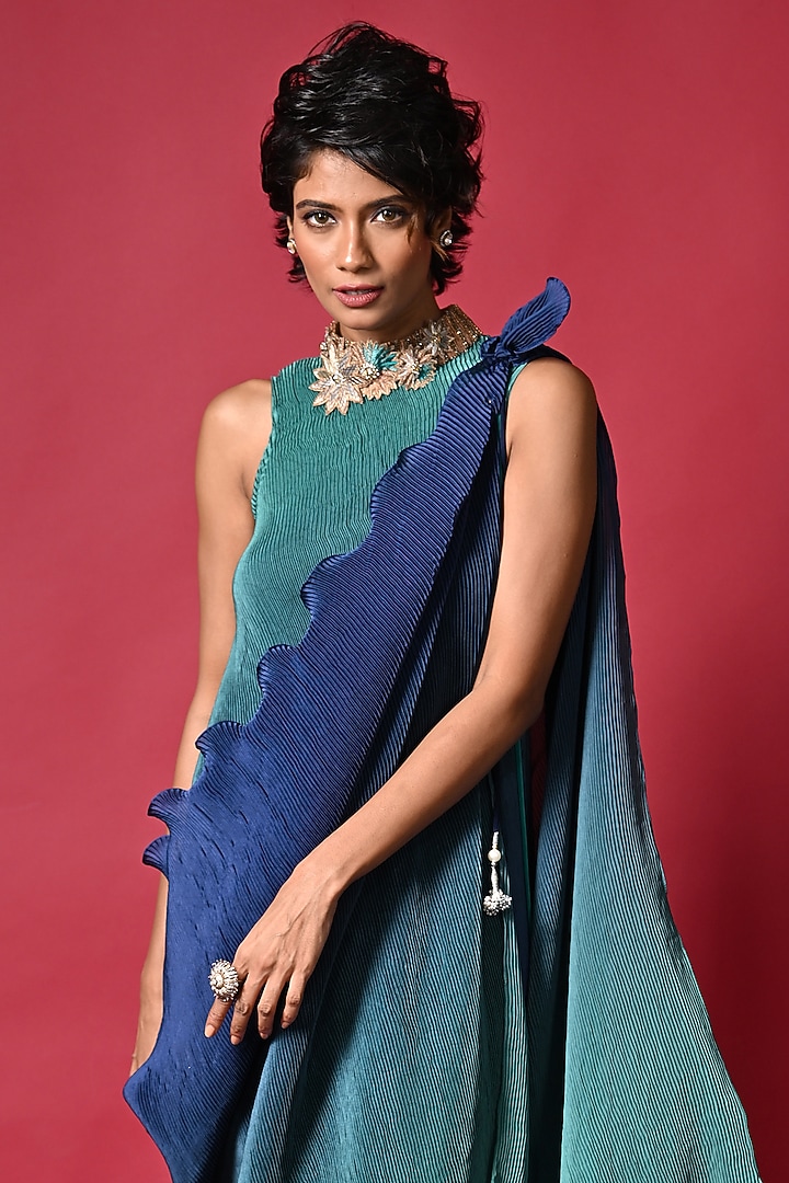 Blue & Green Ombre Pleated Polyester Machine Embroidered Cocktail Dress With Drape by Kiran Uttam Ghosh at Pernia's Pop Up Shop