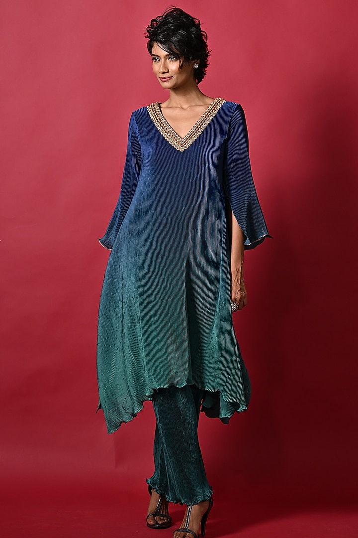 Blue & Green Ombre Pleated Polyester Machine Embroidered Kaftan by Kiran Uttam Ghosh
