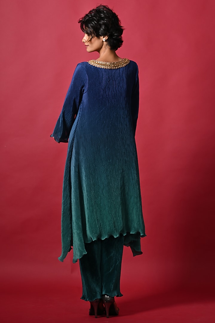 Blue & Green Ombre Pleated Polyester Machine Embroidered Kaftan by Kiran Uttam Ghosh at Pernia's Pop Up Shop