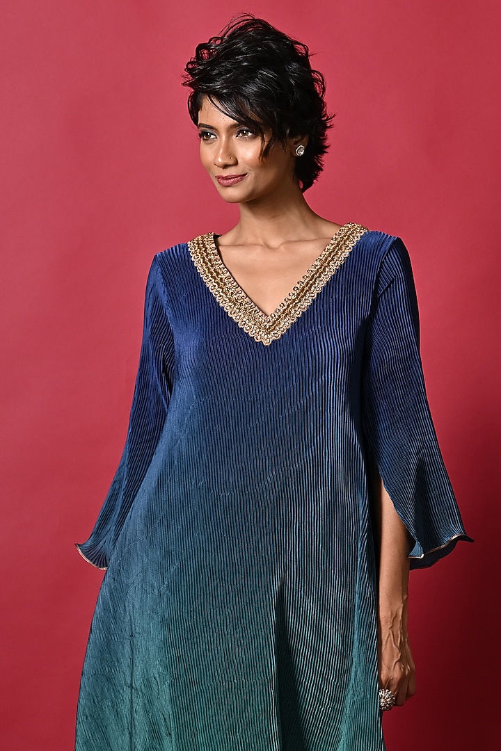 Blue & Green Ombre Pleated Polyester Machine Embroidered Kaftan by Kiran Uttam Ghosh at Pernia's Pop Up Shop