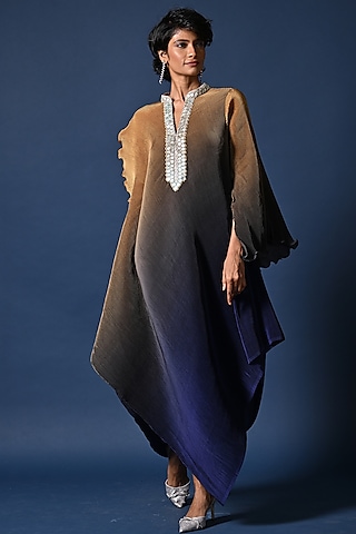 Mustard & Purple Ombre Pleated Polyester Hand Embroidered Draped Kaftan by Kiran Uttam Ghosh