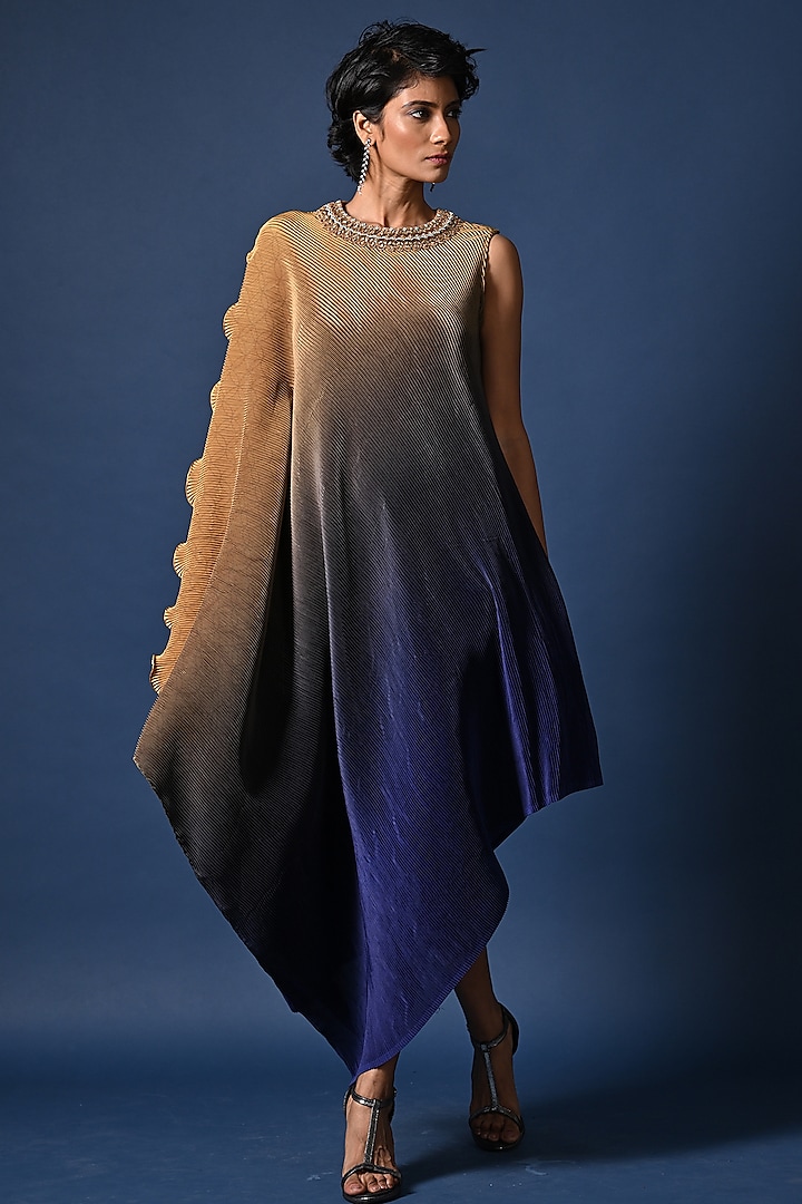 Mustard & Purple Ombre Pleated Polyester Hand Embroidered Draped Kaftan by Kiran Uttam Ghosh