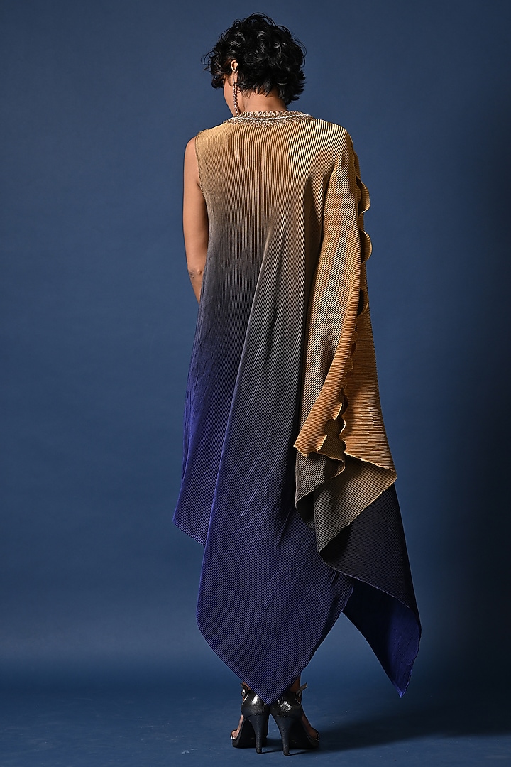 Mustard & Purple Ombre Pleated Polyester Hand Embroidered Draped Kaftan by Kiran Uttam Ghosh at Pernia's Pop Up Shop