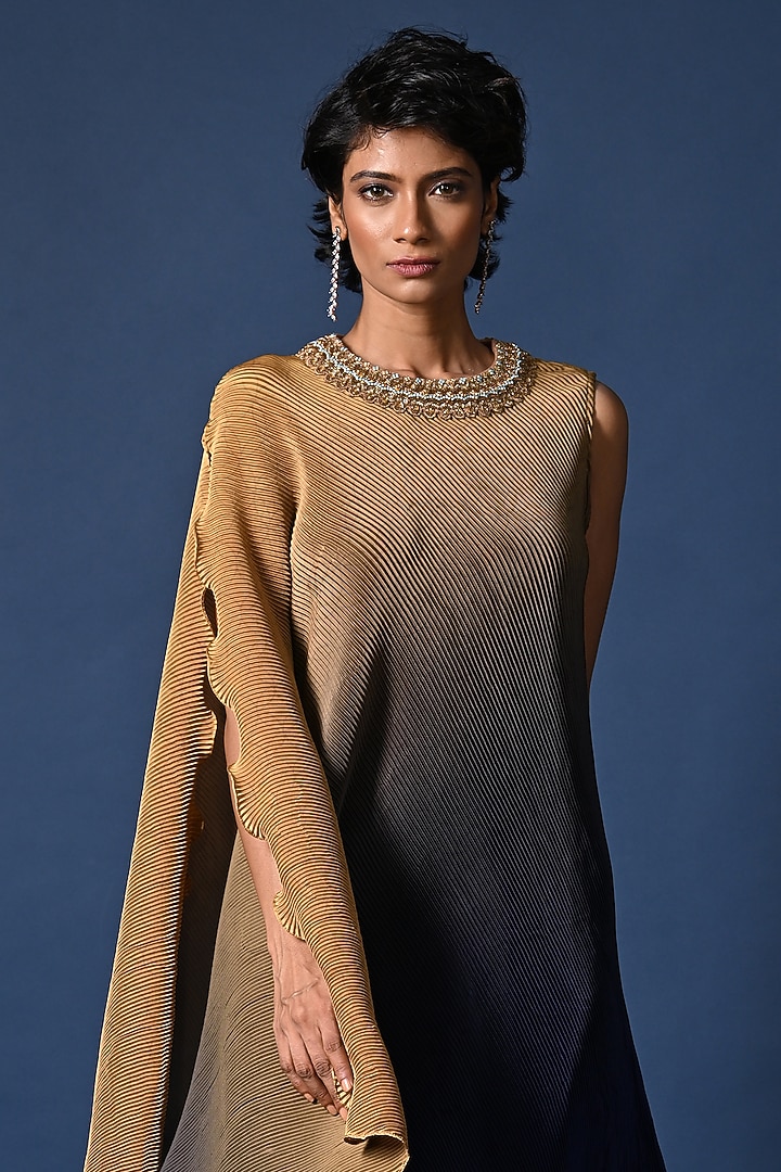 Mustard & Purple Ombre Pleated Polyester Hand Embroidered Draped Kaftan by Kiran Uttam Ghosh at Pernia's Pop Up Shop