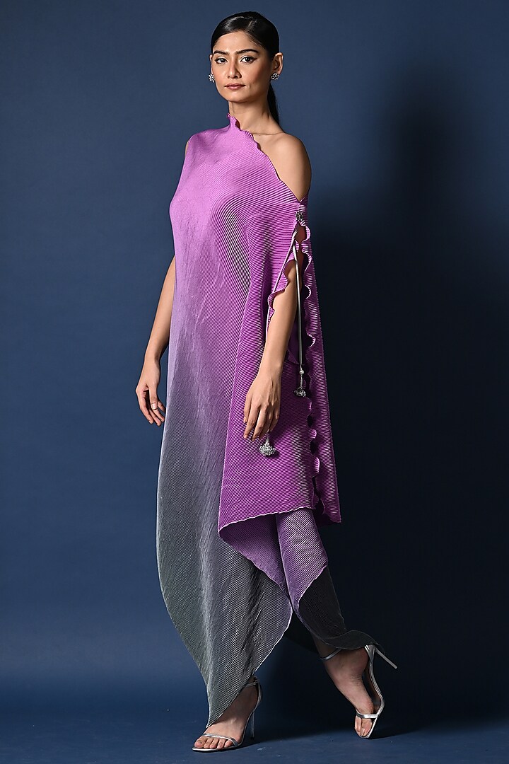Lavender & Sage Green Ombre Pleated Polyester Boota Embroidered Draped Dress by Kiran Uttam Ghosh
