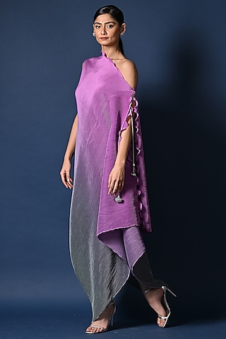 Lavender & Sage Green Ombre Pleated Polyester Boota Embroidered Draped Dress by Kiran Uttam Ghosh