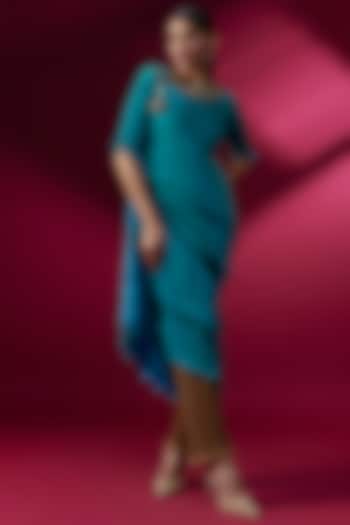 Blue Pleated Polyester Draped Cocktail Dress by Kiran Uttam Ghosh at Pernia's Pop Up Shop