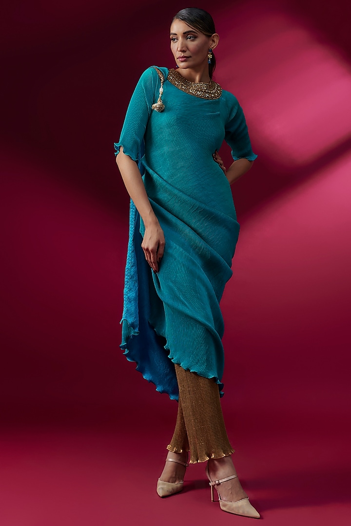 Blue Pleated Polyester Draped Cocktail Dress by Kiran Uttam Ghosh at Pernia's Pop Up Shop