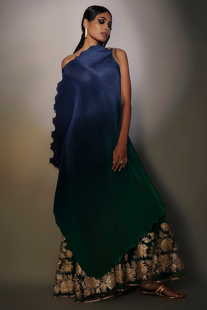 Navy Blue & Teal Pleated Polyester Ombre Draped Tunic by Kiran Uttam Ghosh