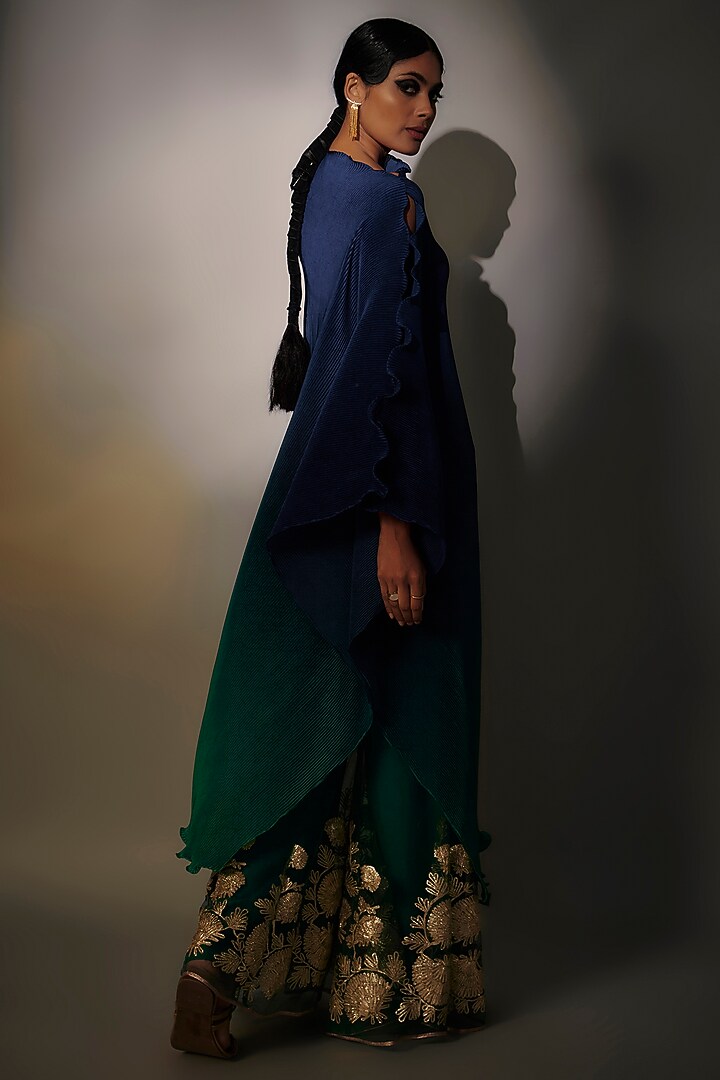 Navy Blue & Teal Pleated Polyester Ombre Draped Tunic by Kiran Uttam Ghosh at Pernia's Pop Up Shop