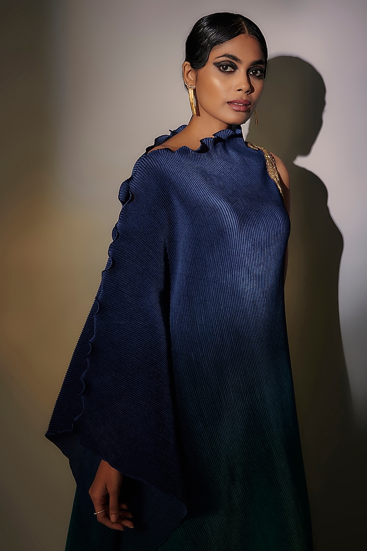Navy Blue & Teal Pleated Polyester Ombre Draped Tunic by Kiran Uttam Ghosh at Pernia's Pop Up Shop