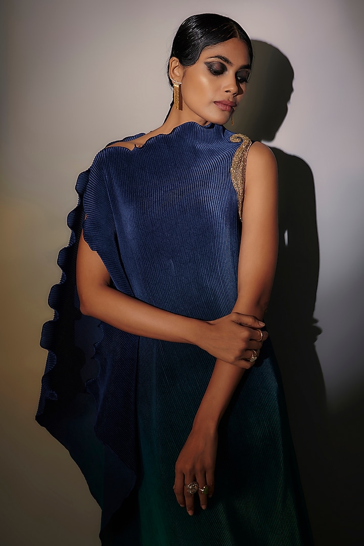 Navy Blue & Teal Pleated Polyester Ombre Draped Tunic by Kiran Uttam Ghosh at Pernia's Pop Up Shop