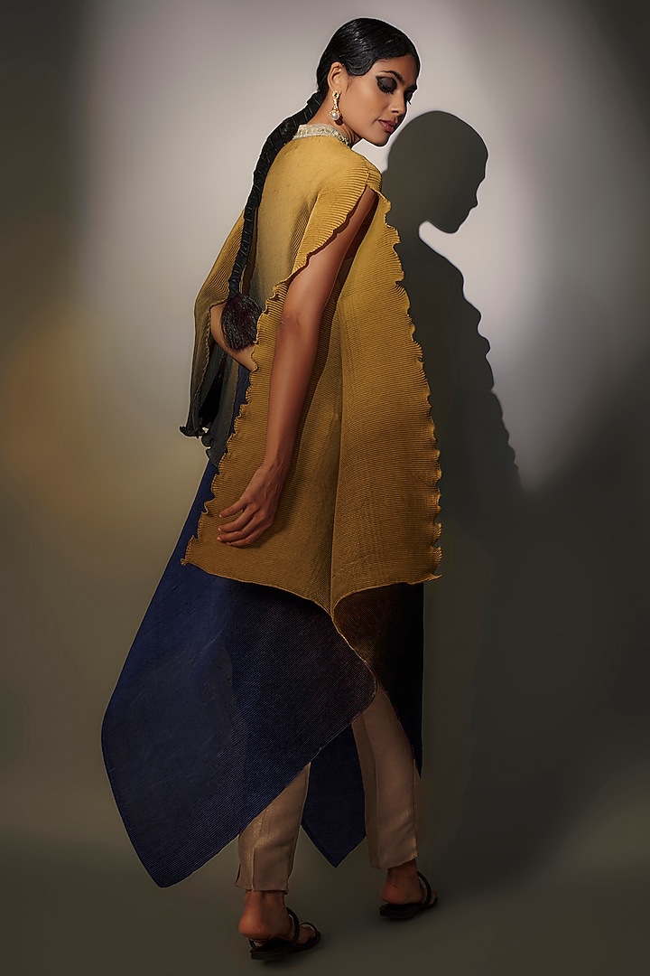 Mustard & Purple Pleated Polyester Ombre Draped Kaftan by Kiran Uttam Ghosh at Pernia's Pop Up Shop