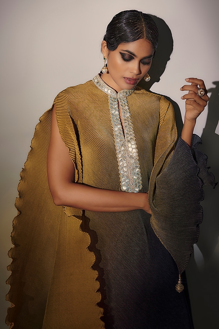 Mustard & Purple Pleated Polyester Ombre Draped Kaftan by Kiran Uttam Ghosh at Pernia's Pop Up Shop