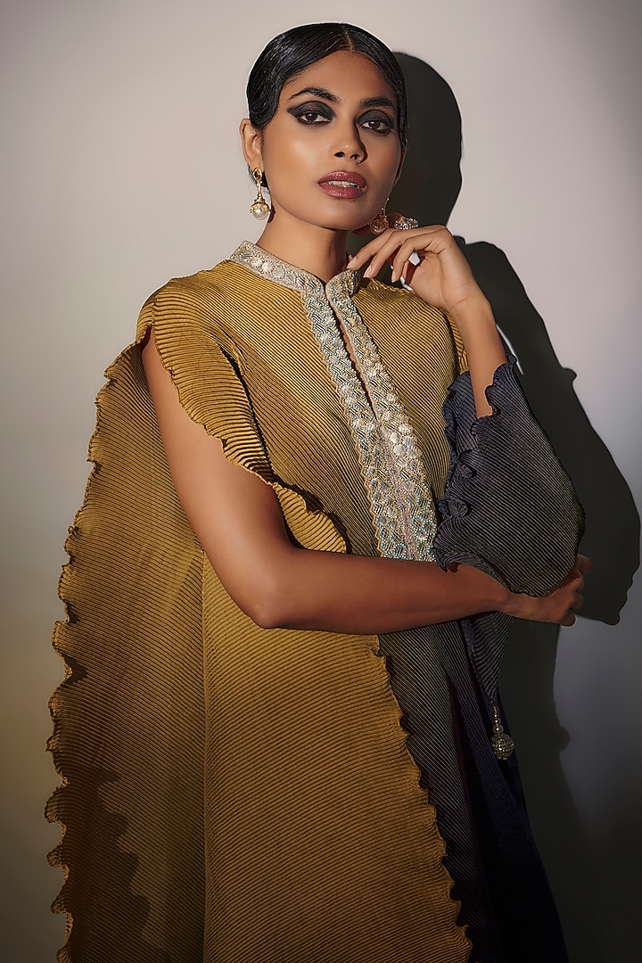 Mustard & Purple Pleated Polyester Ombre Draped Kaftan by Kiran Uttam Ghosh at Pernia's Pop Up Shop