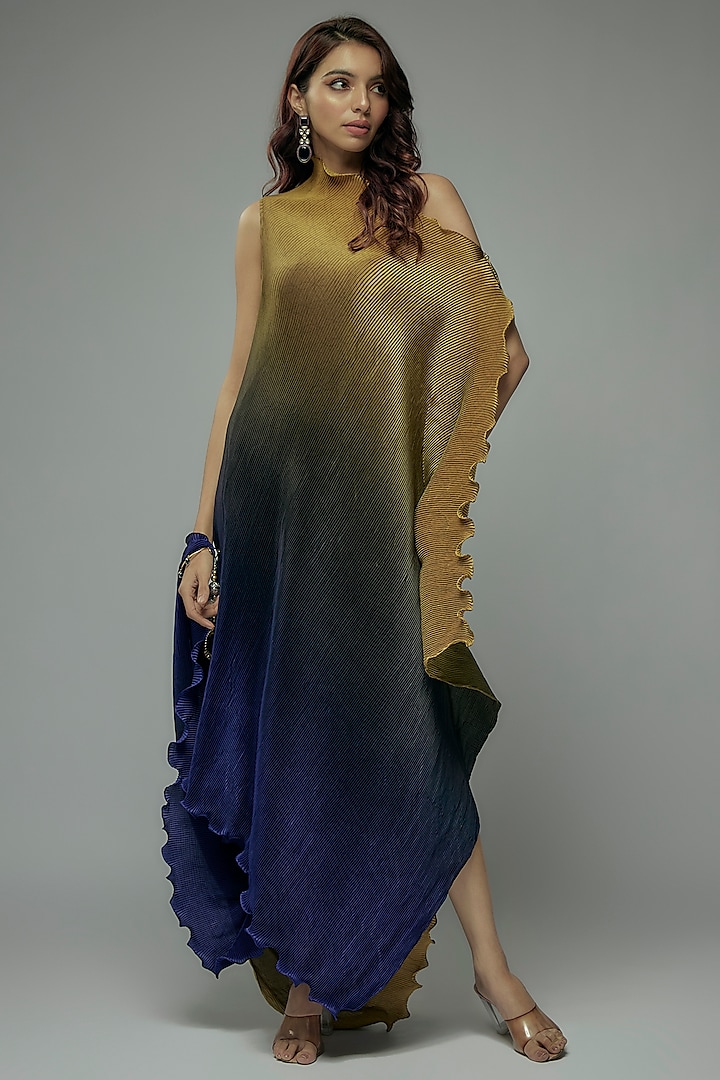 Blue Ombre Pleated Polyester Boota Embroidered Tunic by Kiran Uttam Ghosh