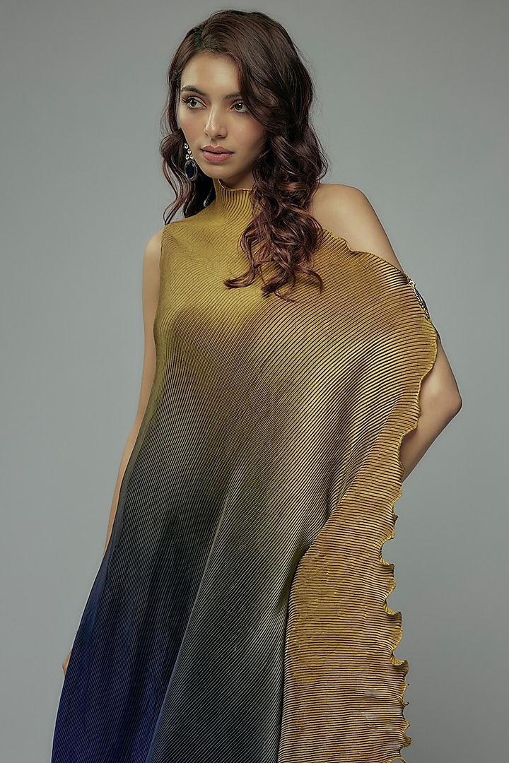 Blue Ombre Pleated Polyester Boota Embroidered Tunic by Kiran Uttam Ghosh at Pernia's Pop Up Shop