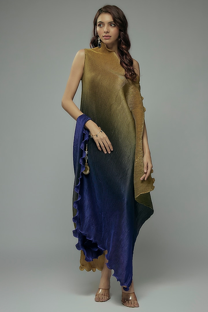 Blue Ombre Pleated Polyester Boota Embroidered Tunic by Kiran Uttam Ghosh at Pernia's Pop Up Shop