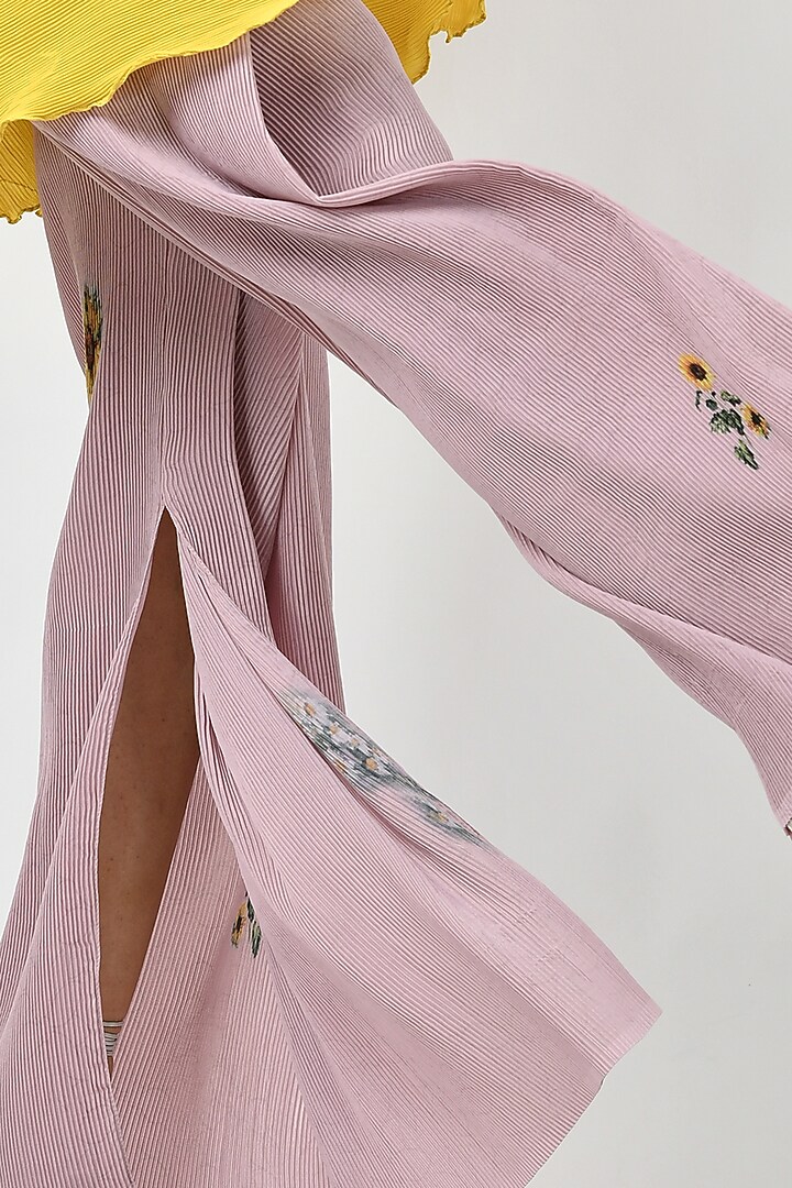 Salmon Pleated Polyester Printed Wide-Legged Pant Set by Kiran Uttam Ghosh at Pernia's Pop Up Shop
