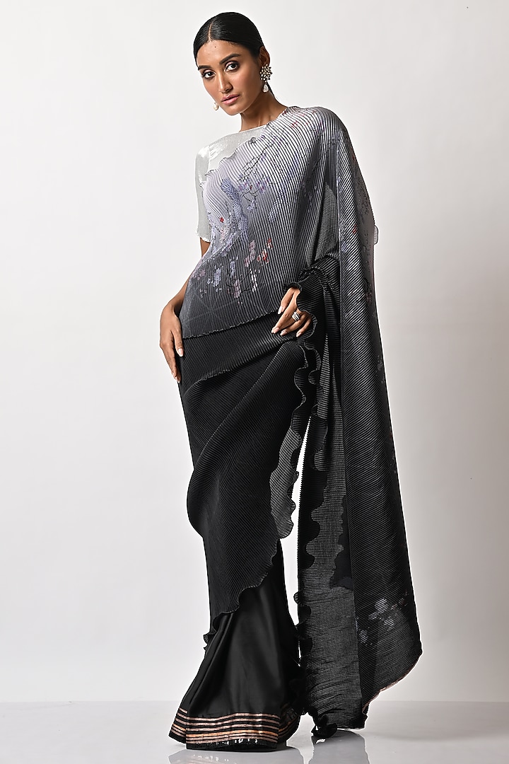 Black Pleated Polyester Parsi Gara Printed Saree Set by Kiran Uttam Ghosh
