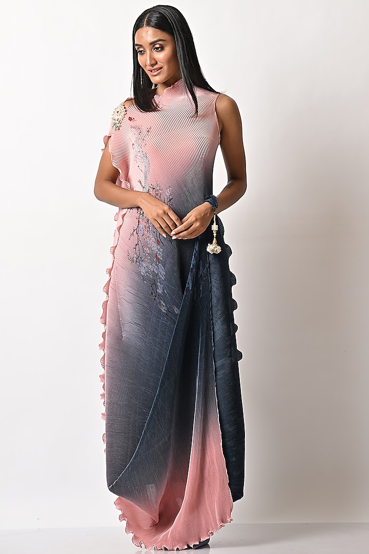 Pink Printed & Hand Embroidered Drape Dress by Kiran Uttam Ghosh at Pernia's Pop Up Shop