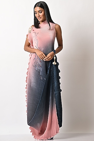 Pink Printed & Hand Embroidered Drape Dress by Kiran Uttam Ghosh