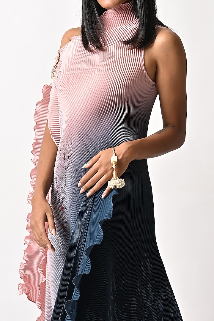 Pink Printed & Hand Embroidered Drape Vacation Dress by Kiran Uttam Ghosh at Pernia's Pop Up Shop