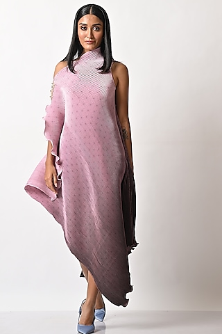 Lavender Hand Embroidered Drape Dress by Kiran Uttam Ghosh