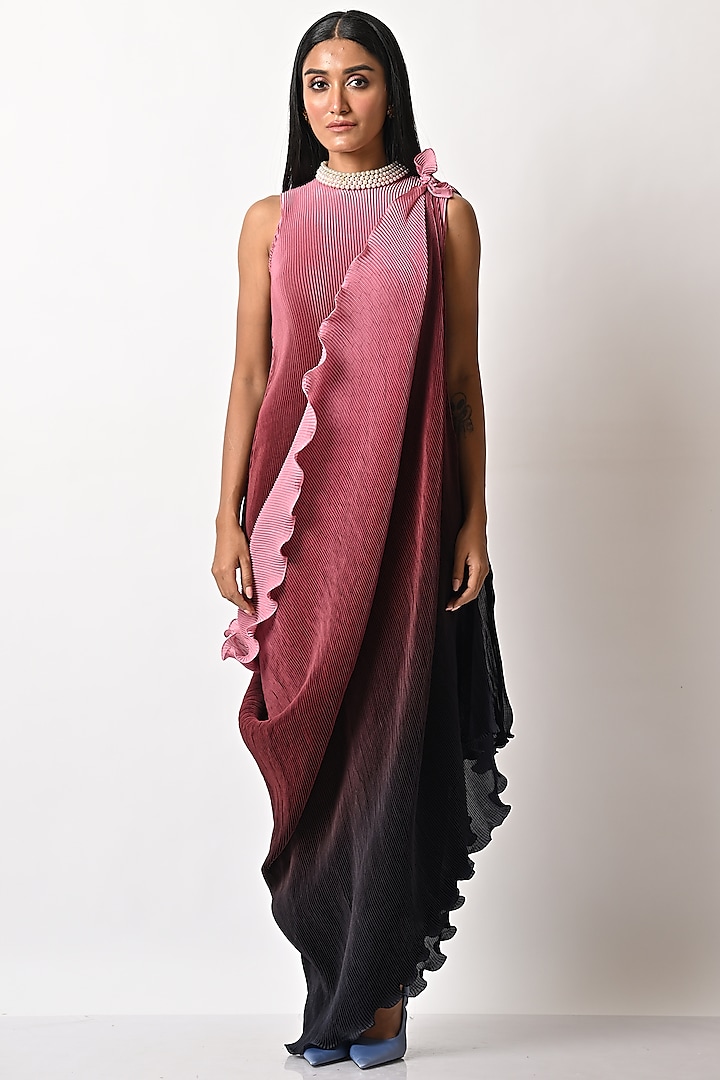 Pink Hand Embroidered Shaded Drape Dress by Kiran Uttam Ghosh
