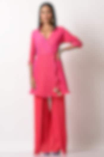 Fuchsia Pleated Polyester Wrap Top by Kiran Uttam Ghosh at Pernia's Pop Up Shop