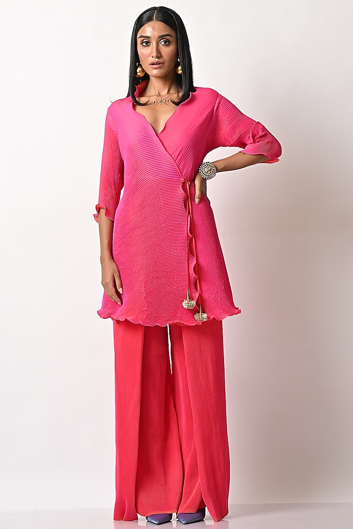 Fuchsia Pleated Polyester Wrap Top by Kiran Uttam Ghosh at Pernia's Pop Up Shop