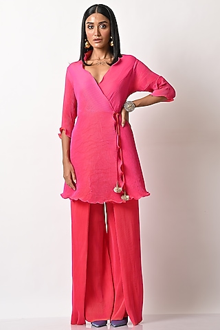 Fuchsia Pleated Polyester Wrap Top by Kiran Uttam Ghosh