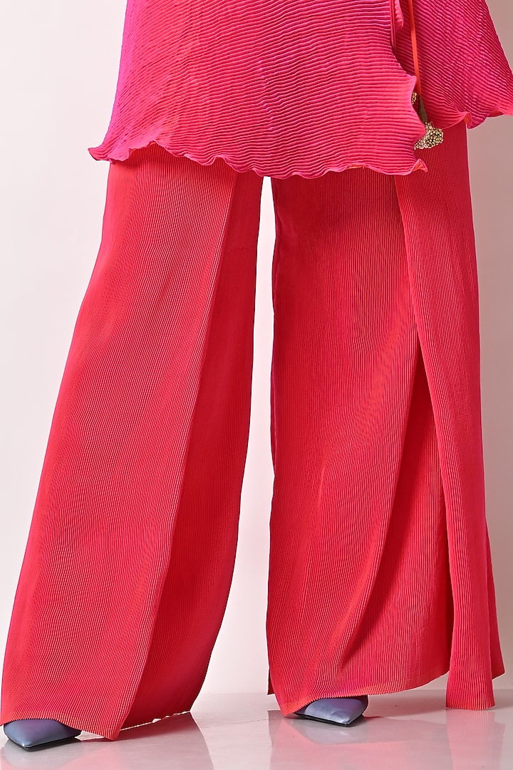 Fuchsia Pleated Polyester Trousers by Kiran Uttam Ghosh at Pernia's Pop Up Shop