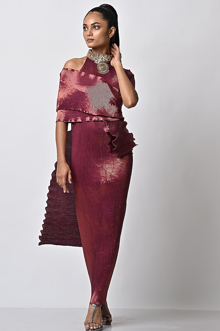 Maroon Hand Embroidered Metallic Cocktail Dress by Kiran Uttam Ghosh at Pernia's Pop Up Shop