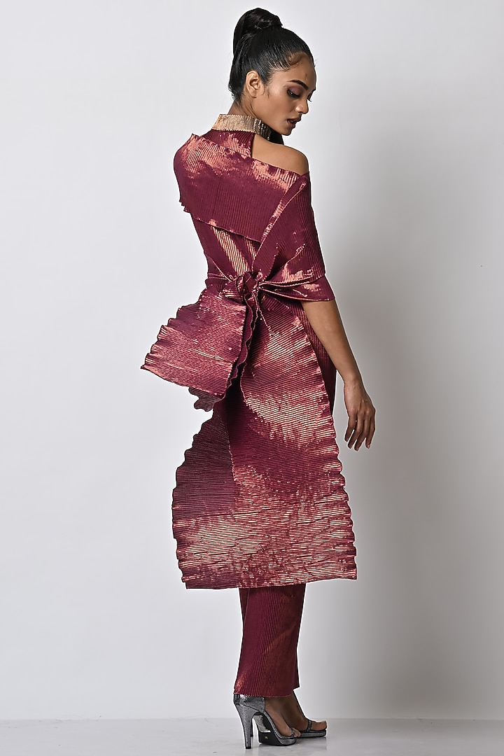 Maroon Hand Embroidered Metallic Cocktail Dress by Kiran Uttam Ghosh at Pernia's Pop Up Shop