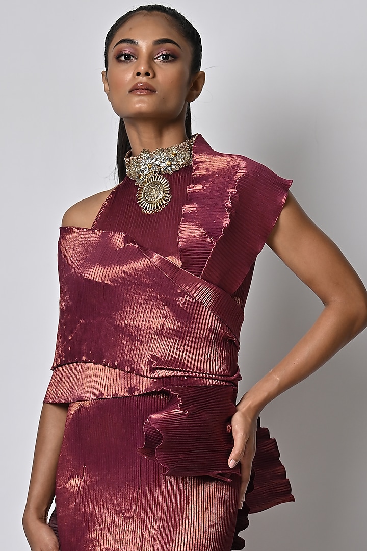 Maroon Hand Embroidered Metallic Cocktail Dress by Kiran Uttam Ghosh at Pernia's Pop Up Shop