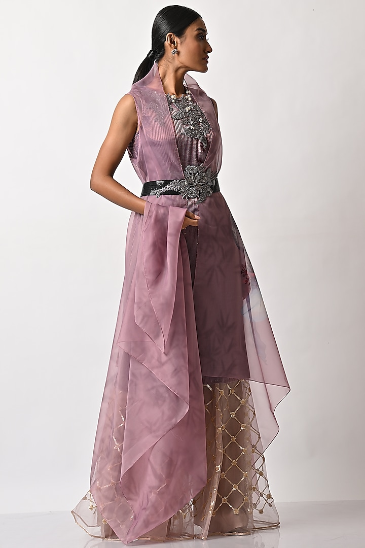 Mauve Pleated Polyester & Organza Dress by Kiran Uttam Ghosh