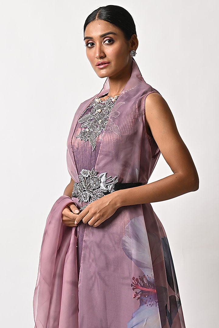 Mauve Pleated Polyester & Organza Party Wear Dress by Kiran Uttam Ghosh at Pernia's Pop Up Shop
