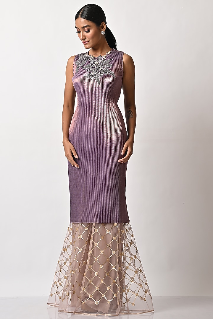 Mauve Pleated Polyester & Organza Party Wear Dress by Kiran Uttam Ghosh at Pernia's Pop Up Shop