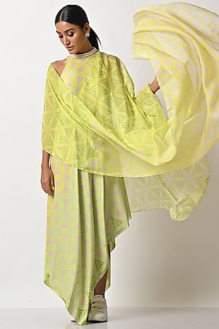Lime Printed Drape by Kiran Uttam Ghosh