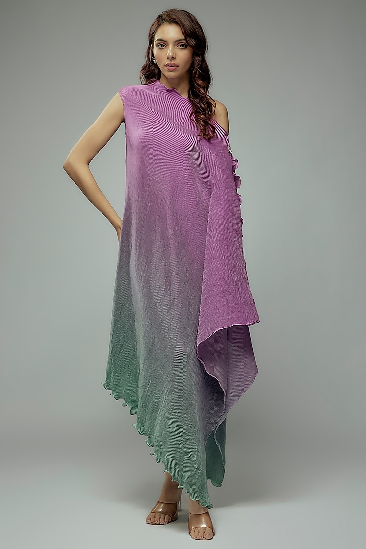 Green Ombre Pleated Polyester Boota Embroidered Tunic by Kiran Uttam Ghosh