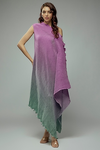 Green Ombre Pleated Polyester Boota Embroidered Tunic by Kiran Uttam Ghosh