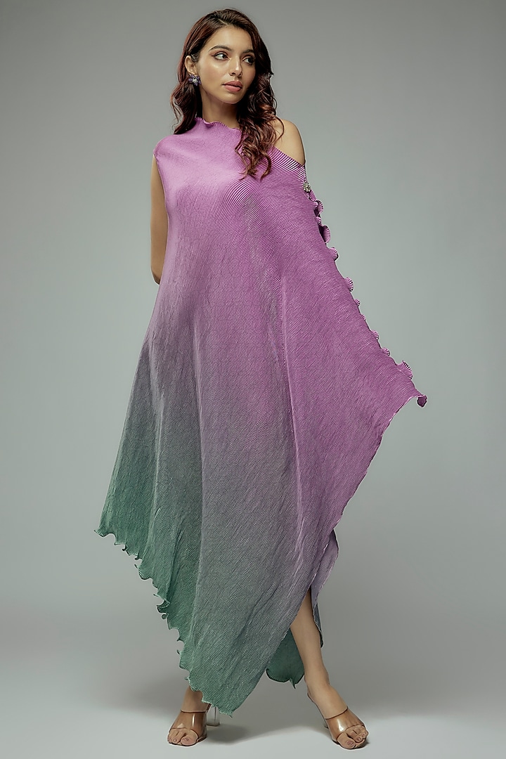 Green Ombre Pleated Polyester Boota Embroidered Tunic by Kiran Uttam Ghosh at Pernia's Pop Up Shop