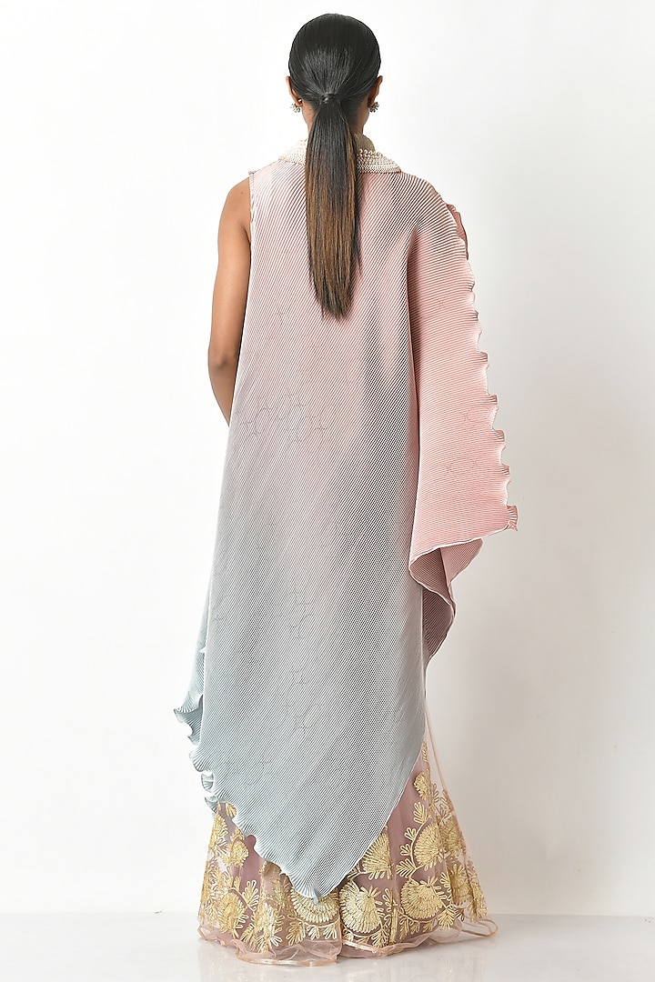 Salmon Pink & Powder Blue Ombre Pleated Polyester Hand Embroidered Draped Tunic by Kiran Uttam Ghosh at Pernia's Pop Up Shop