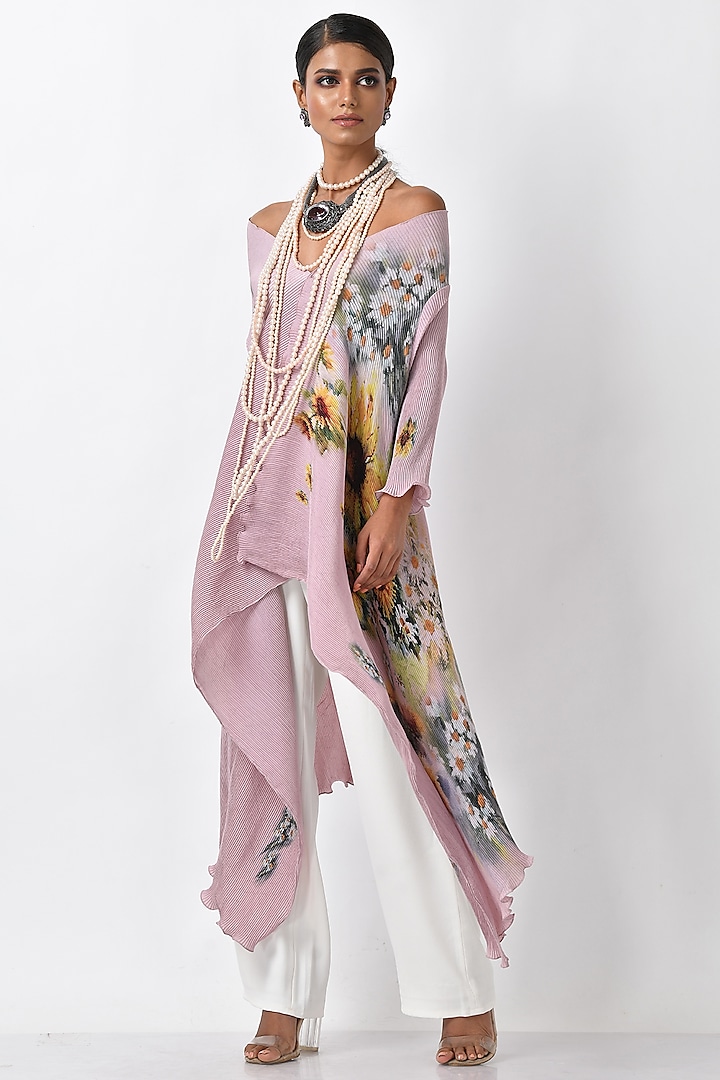 Salmon Pink Pleated Polyester Digital Printed Wrapped Cape by Kiran Uttam Ghosh at Pernia's Pop Up Shop