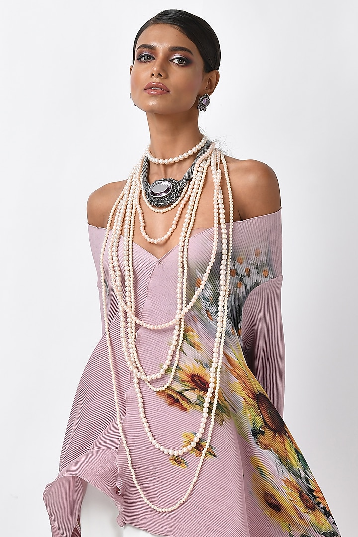 Salmon Pink Pleated Polyester Digital Printed Wrapped Cape by Kiran Uttam Ghosh at Pernia's Pop Up Shop