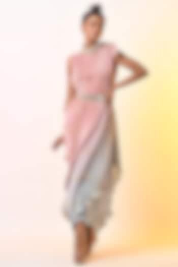 Salmon Pink & Powder Blue Ombre Pleated Polyester Block Printed Draped Cocktail Dress by Kiran Uttam Ghosh at Pernia's Pop Up Shop